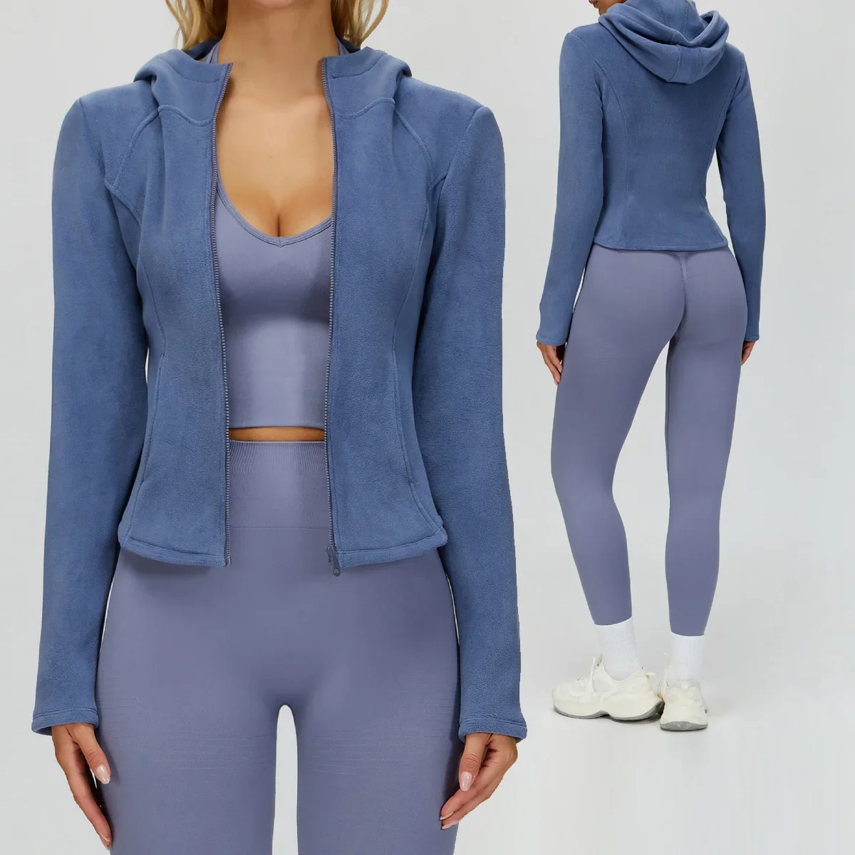 

Зимняя куртка с капюшоном для женщин, теплая флисовая куртка для йоги с длинным рукавом, приталенная куртка на молнии с карманами, повседневная спортивная плюшевая теплая куртка на открытом воздухе