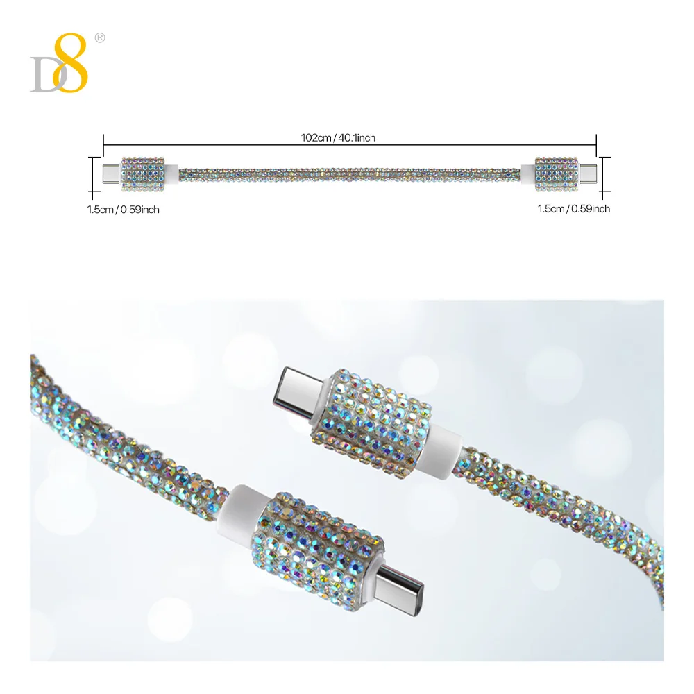 D8 60W USB C to USB C Cable Fast Charging,  Crystal Decoration,Diamond Shine, Compatible with iPhone 15/Pro/Plus/Pro Max, MacBoo