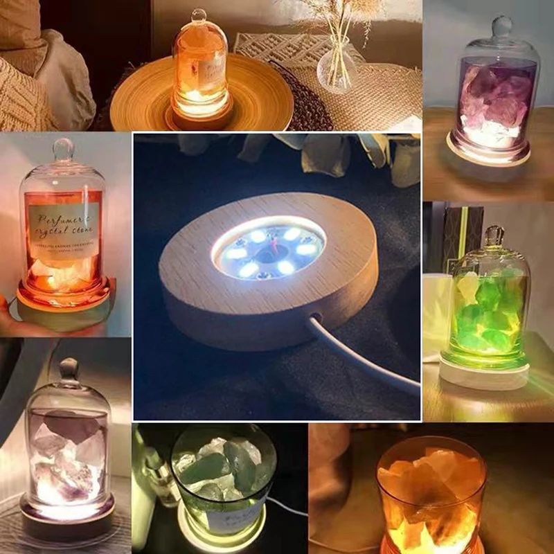 New 10cm Wood Light Base Rechargeable Wooden LED Light Rotating Display Stand Lamp Holder Lamp Base Art with Power adapter