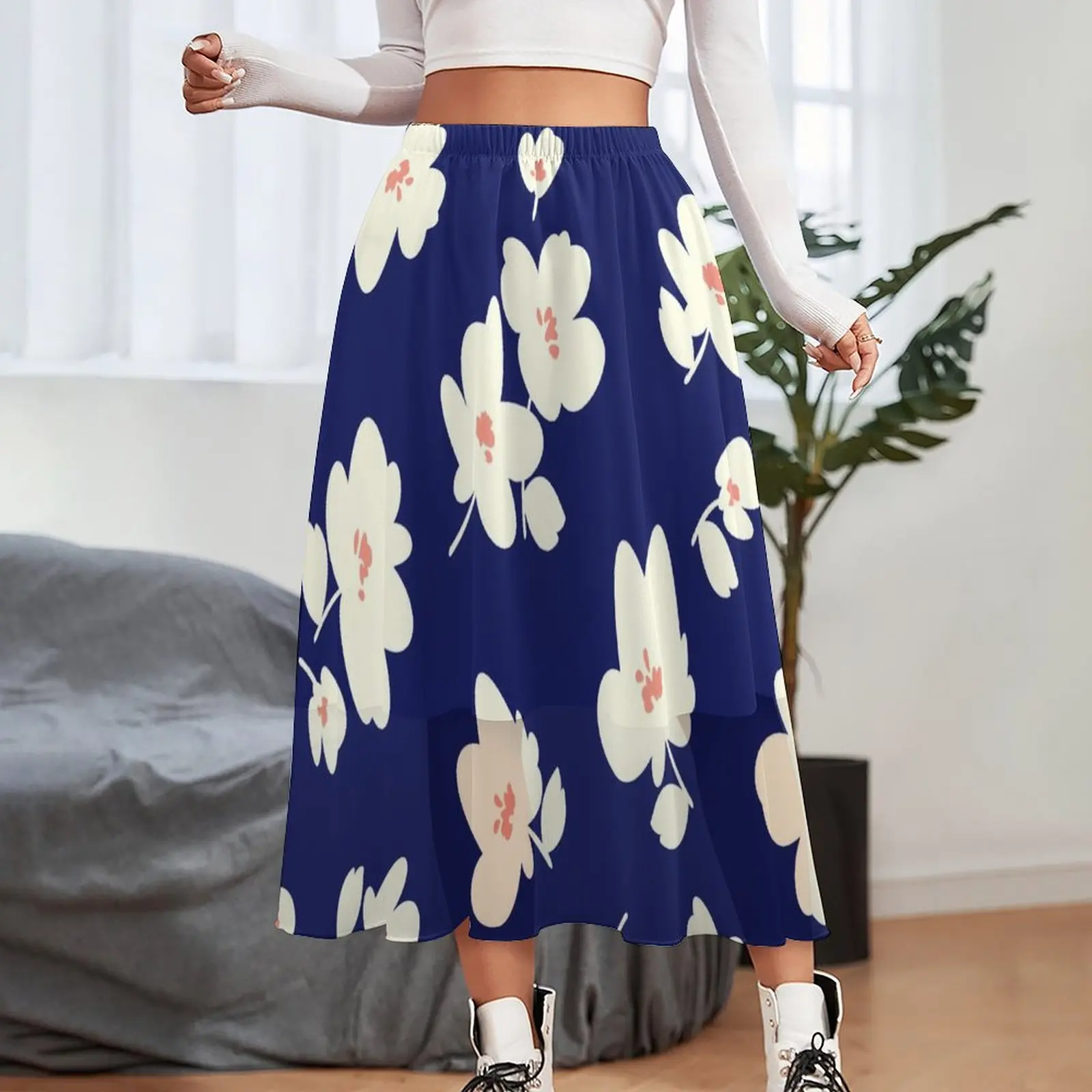 White Daisies Print Skirt Woman Abstract Flower Vintage Boho Skirts Design Elastic Waist Streetwear A-line Skirt Big Size 3XL