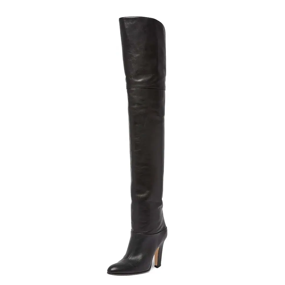 Arden Furtado 2024 Cowhide Square heel Over The Knee Boots Round toe High-heeled Slip-on Large tubular boots Modern boots