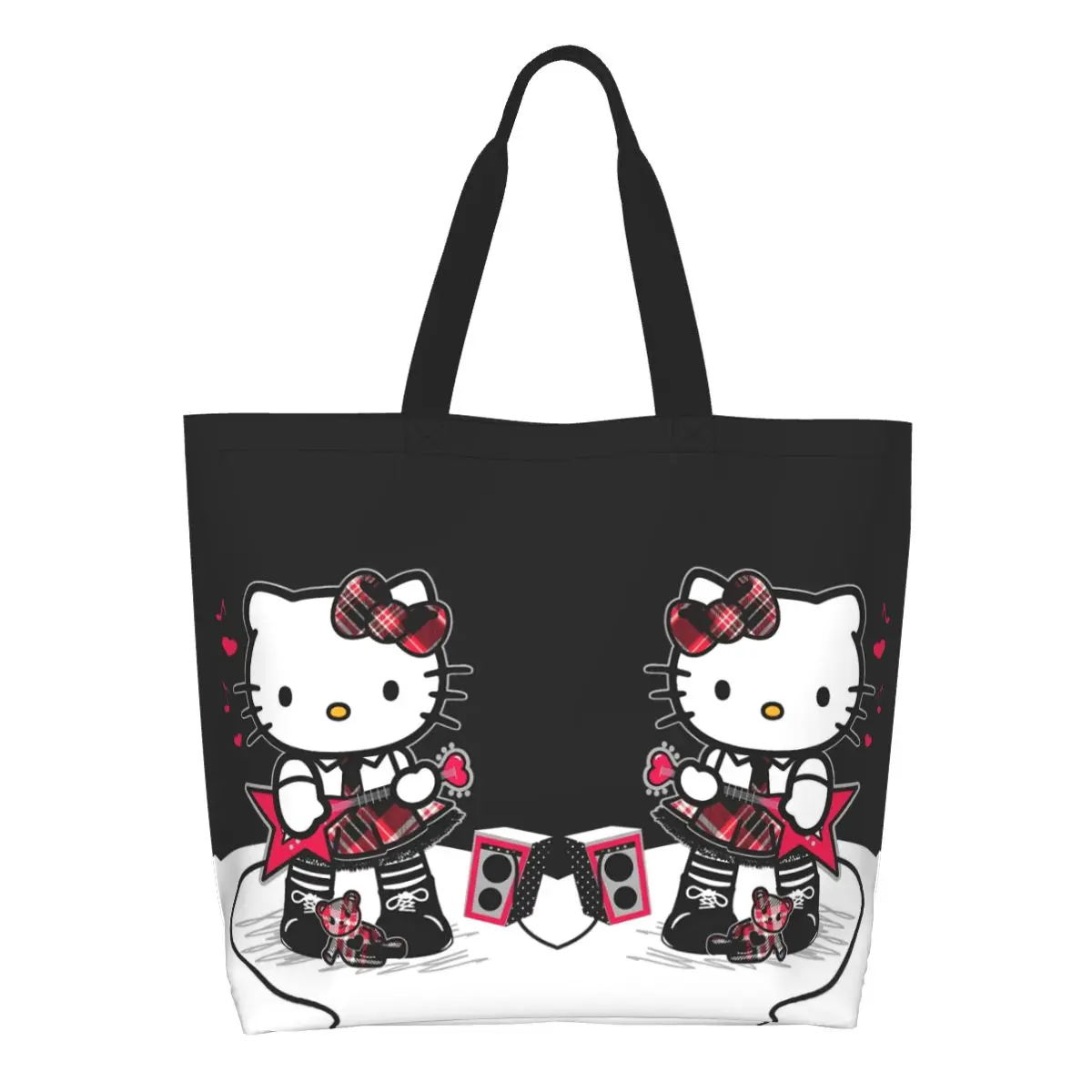 

Custom Hello Kitty Grocery Shopping Bags Kawaii Canvas Shopper Tote Shoulder Bag Big Capacity Durable Cartoon Character Handbag