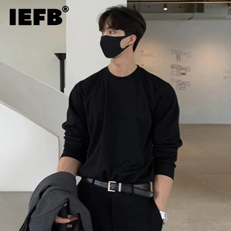 IEFB Minimalist Men\'s T-shirts Round Neck Long Sleeve Casual Clothing Solid Color Loose Male Tees New Simple Summer 9C6423