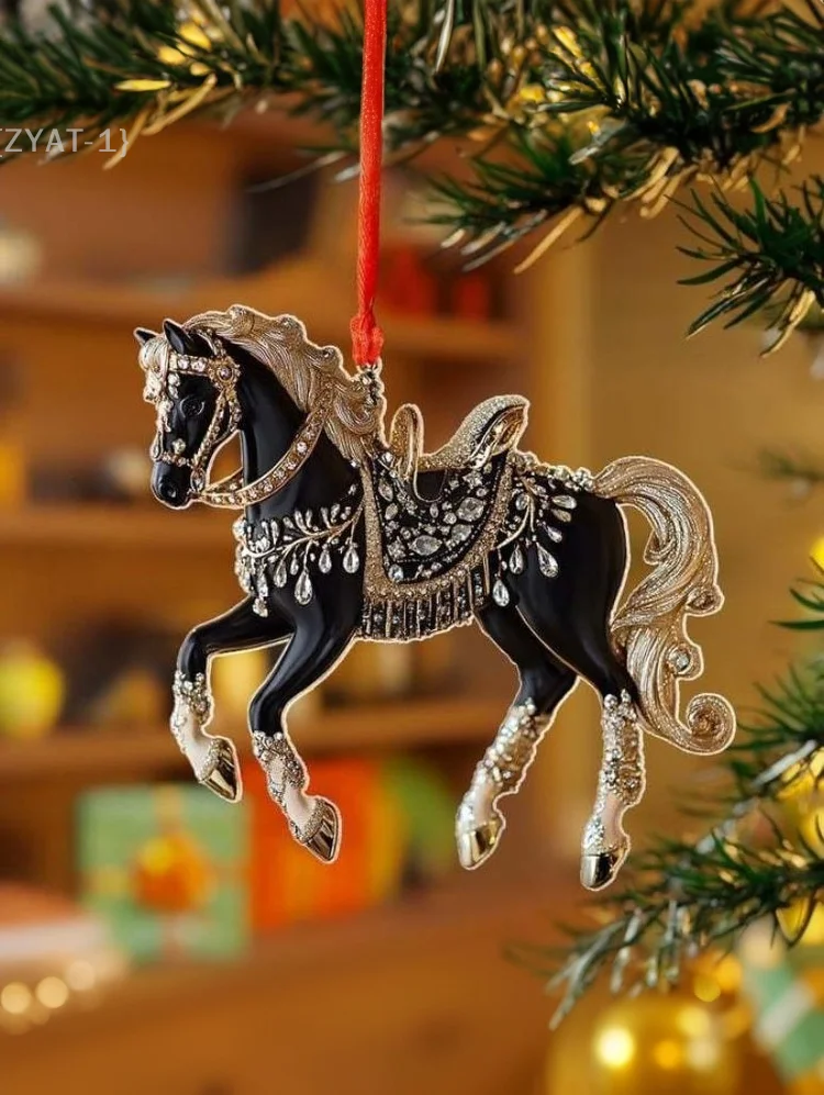 [O] حلية قلادة على شكل حصان أكريليك ثنائية الأبعاد - مرآة الرؤية الخلفية للسيارة معلقة لتزيين حفلات عيد الميلاد والعام الجديد