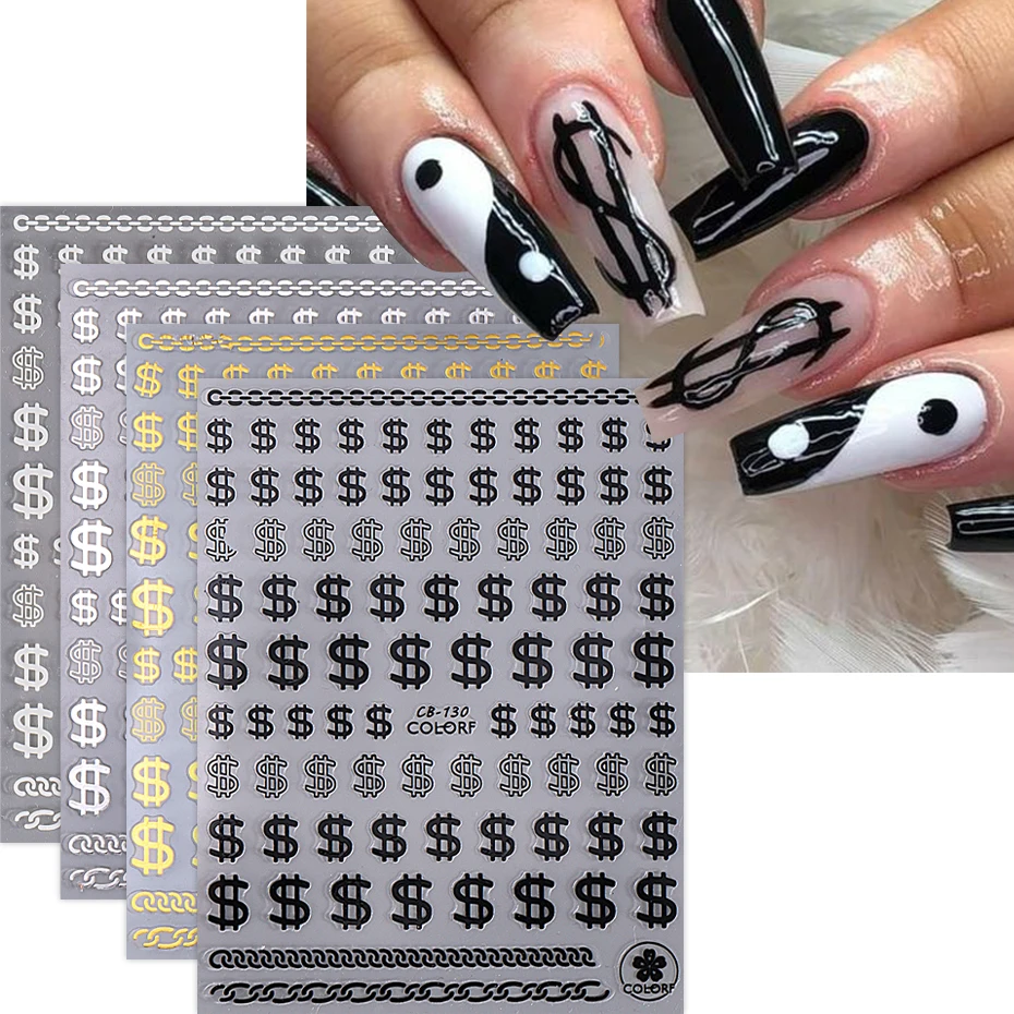 3D Dollar Sign Nail Stickers White Black Gold Sliver Holographic Dollar Sign Nail Deacal Tips DIY Manicure Art Accessories Tools