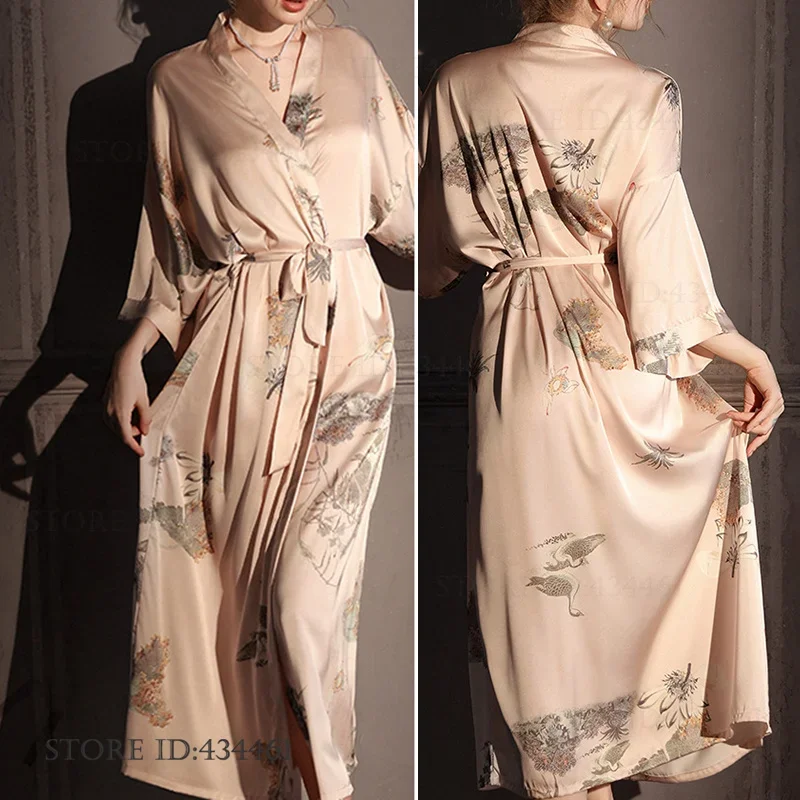 Lady Long Robe Negligee Print Flower Kimono Bathrobe Gown Chinese Style Satin Sleepwear Home Dress Loose Nightgown Loungewear