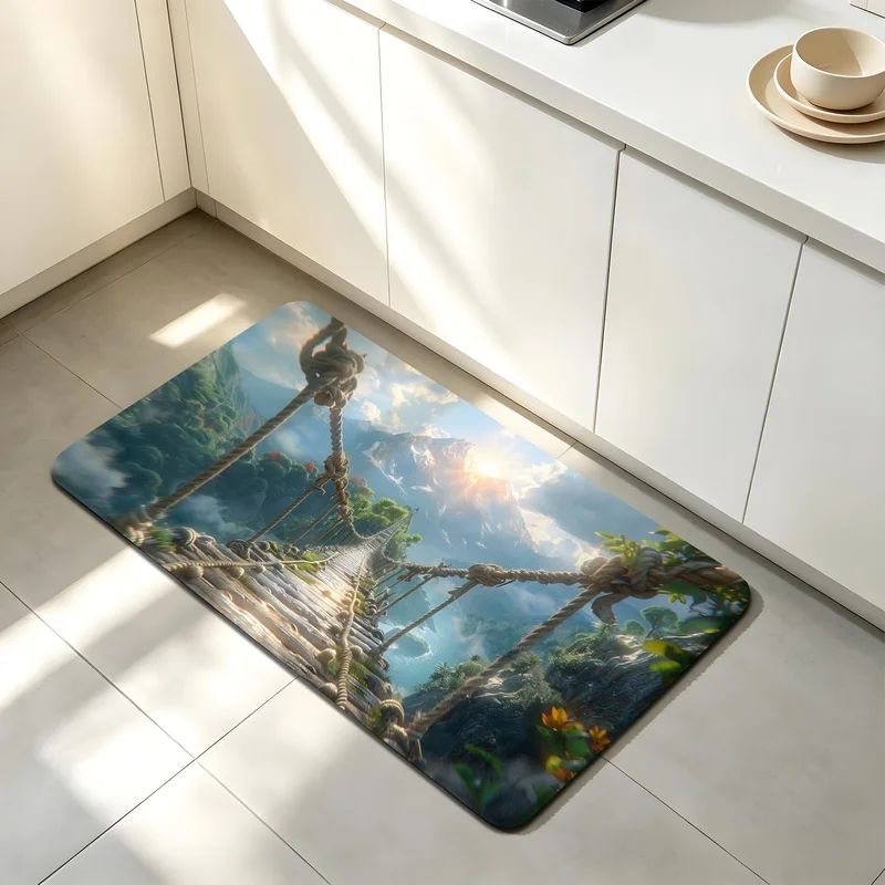Door Mat Flannel Sponge Mountain Rope Bridge Scenery For Entryway Bathroom Bedroom Floor