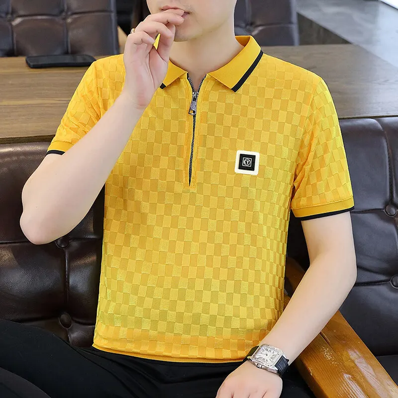 Men's Short Sleeve Polo Shirts Summer Checkerboard Jacquard Solid Color Slim Casual T-shirts Trend Half Zipper Design POLO Tees
