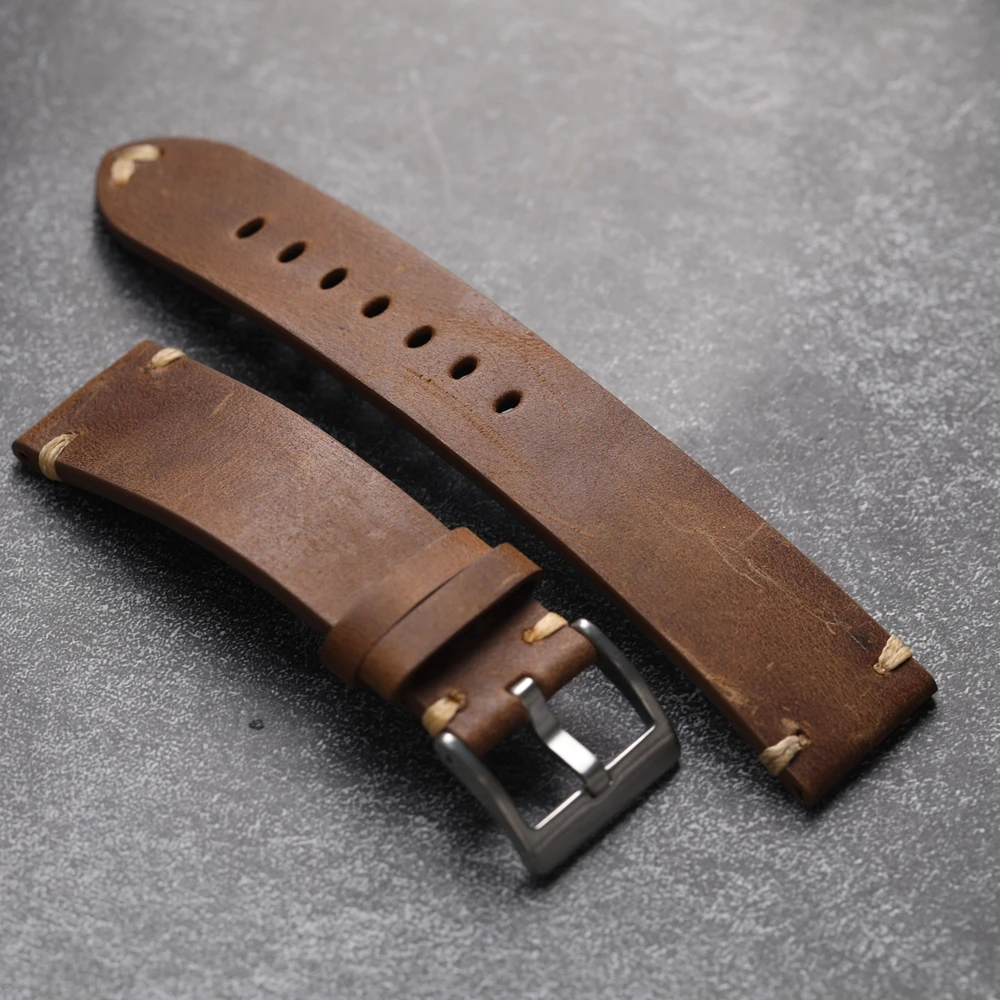 Handmade Head Layer Cowhide Leather Strap 18 19 20 21 22MM Black Brown Maroon Leather Bracelet Retro Style Wear-Resistant Brac