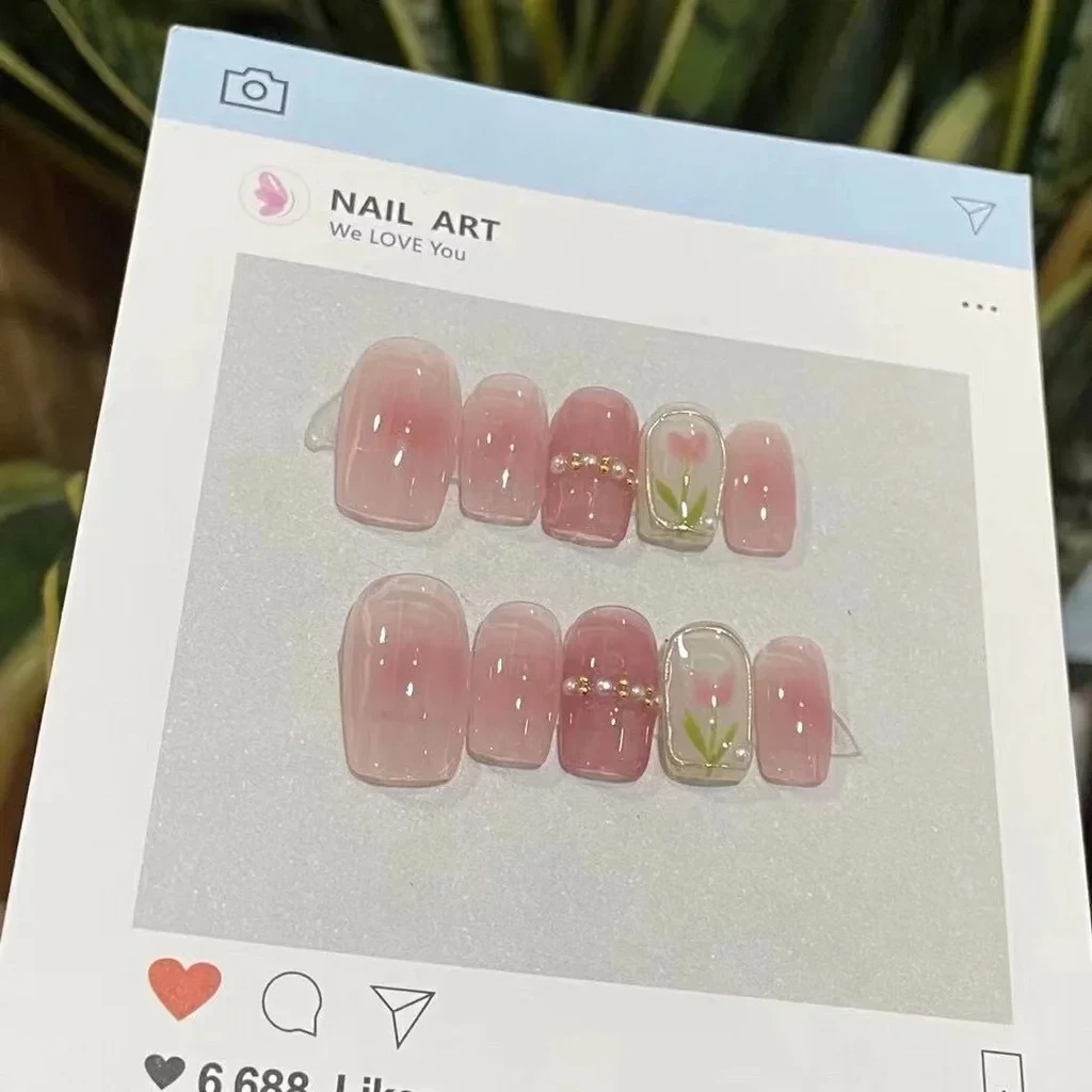 

Spring Girl Blush Manicure Pearl Tulip Square Fake Nails Pink Sweet Handmade Nail Art Patches Girl Gift