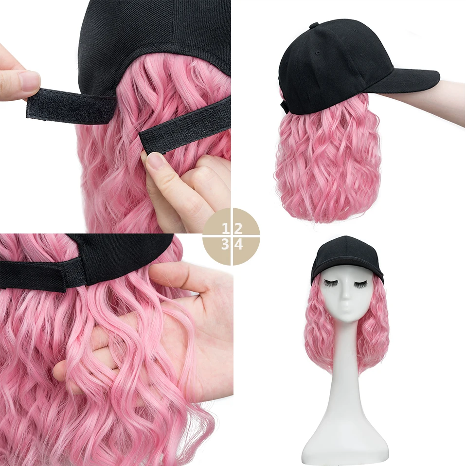 Hairro Short Synthetic Fluffy Natural Wave Wavy Curly Hair Wigs Extensions with Hat Baseball Cap Naturally Connect Hat Wig