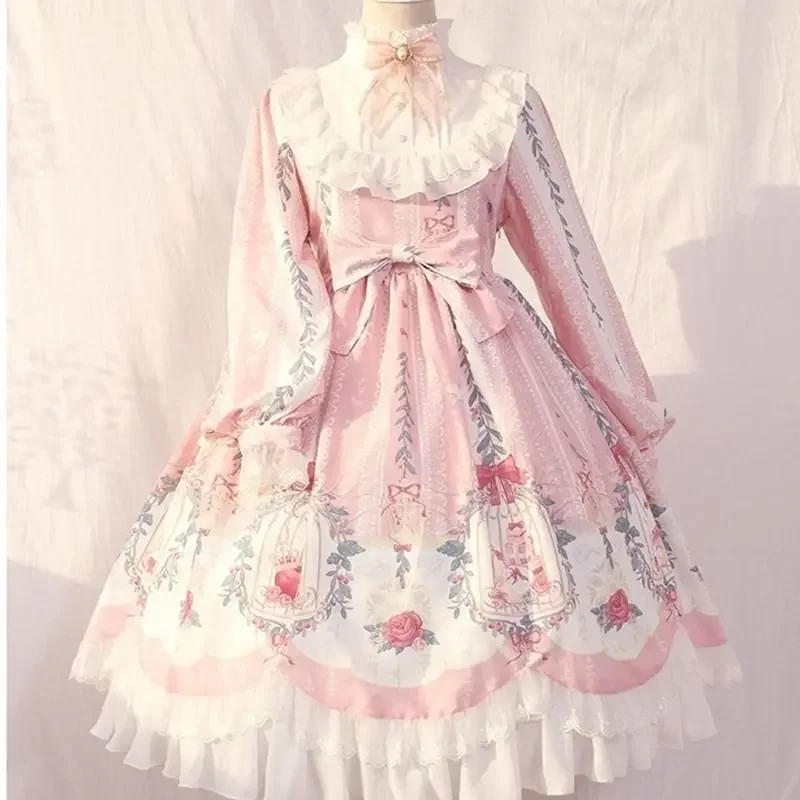 Women kawaii pink Lolita maid dress long sleeve costume loose New Flower Princess original dress strawberry dress (with clip) fa