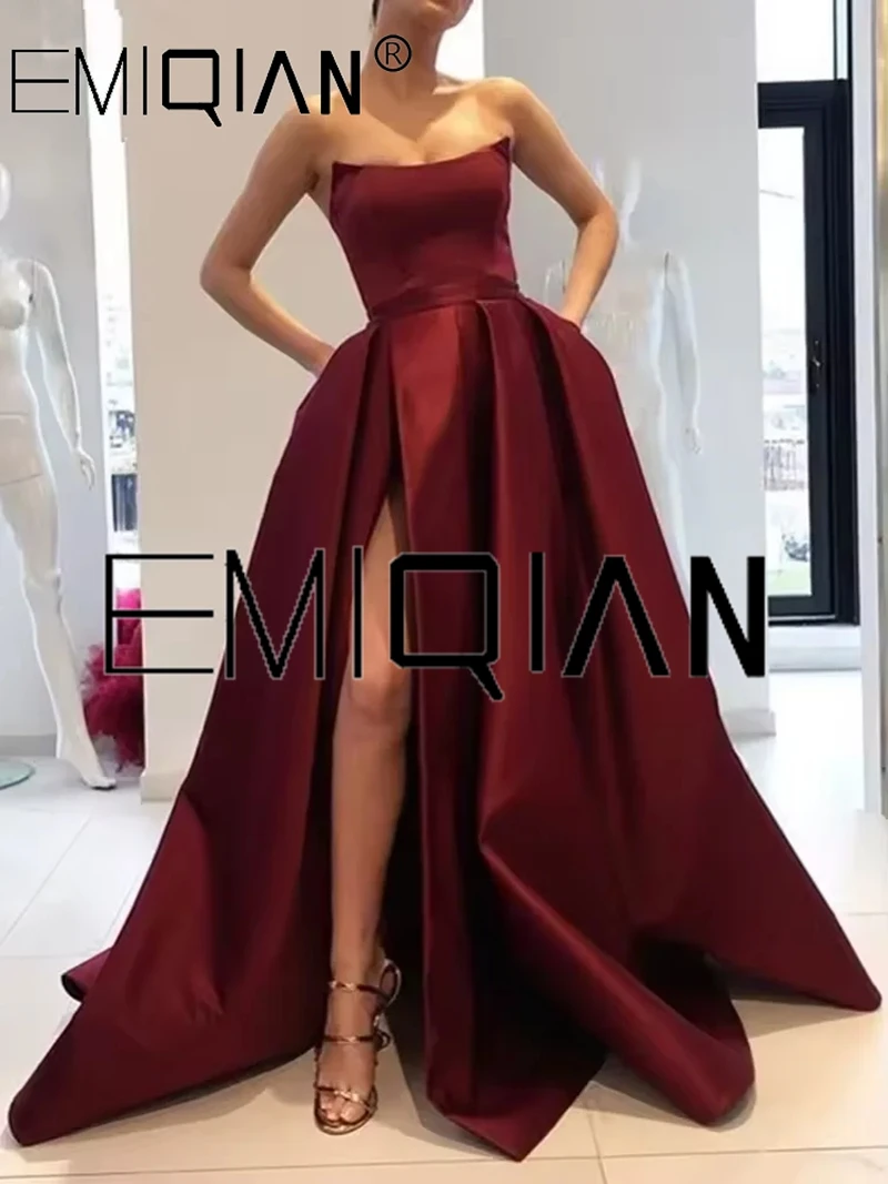 

Strapless Prom Dress Burgundy Satin Prom Dresses with Pockets Long Evening Dress with Side Slit Wine Red Women Formal Dress