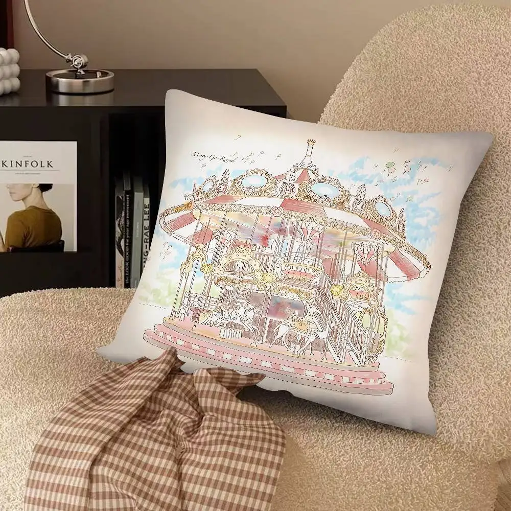 Pastel Circus Carousel Pillow Case Fashion Square Pillowcase Bedroom Sofa Room Ins Decoration Leisure