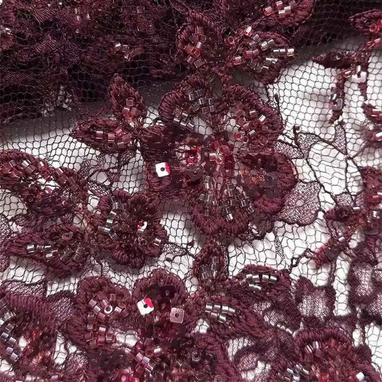 Image of 3M eleganter französischer Blumen bestickter Netzspitze mit Pailletten, Perlen-Mesh-Stoff, hochwertiges, einzigartiges Design für Party-Abendkleid