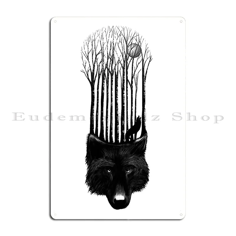 black wolf barcode in the woods illustration Metal Sign Wall Decor printed Rusty Wall Decor Wall Cave Tin Sign Poster