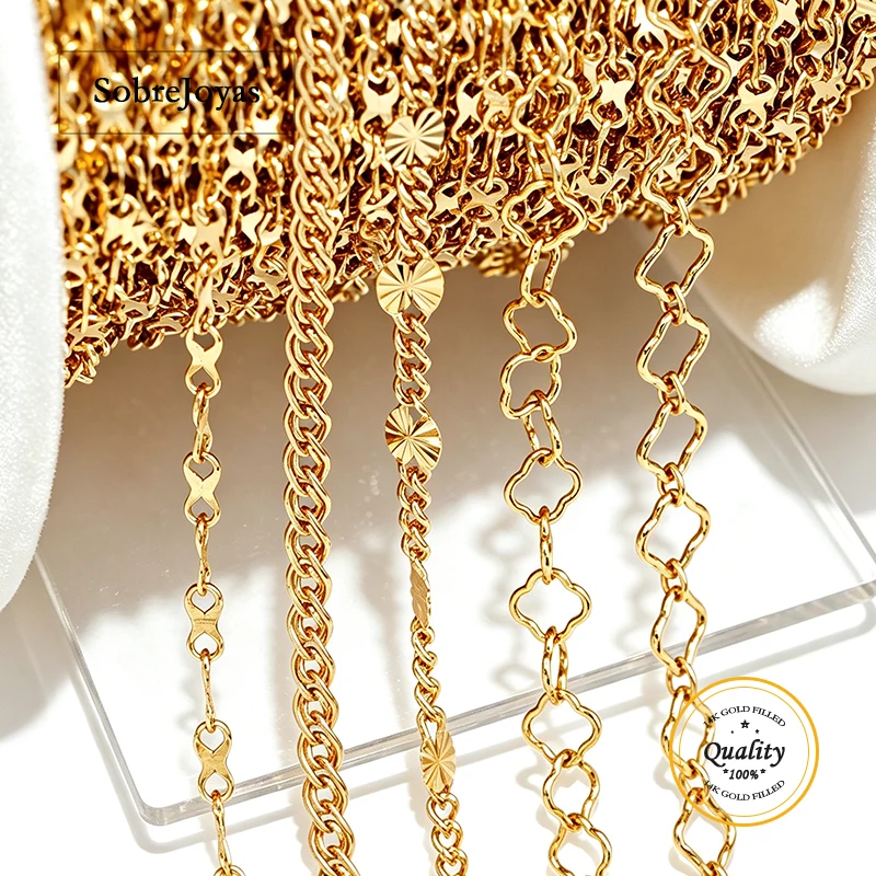 14k Gold Filled Four Leaf Clover Cuban Chain Double Textured Unfinished 1 Meter Jewelry Making Accessory
