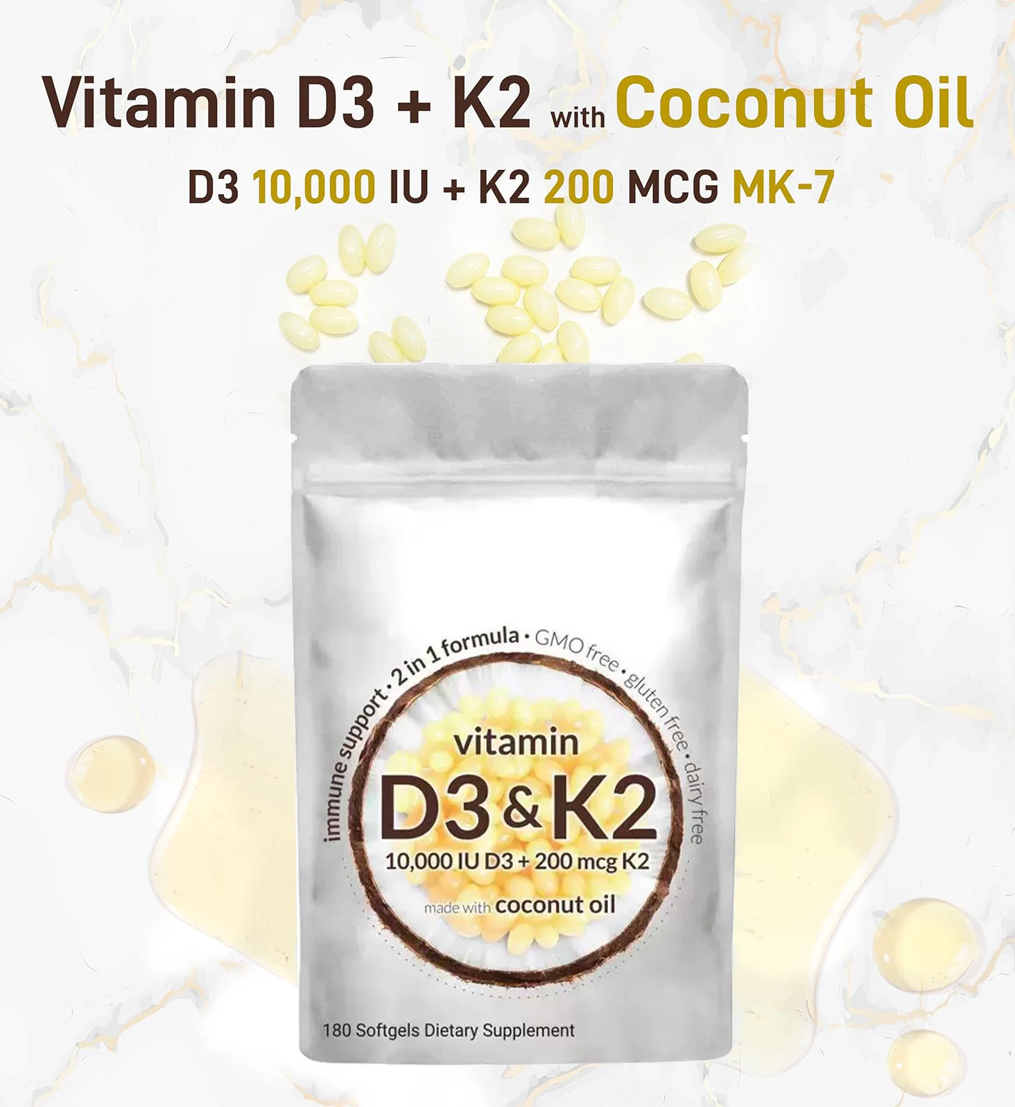 Vitamin D3 10,000iu + K2 MK7 200mcg Softgels | 2-in-1 Complex with Coconut Oil | Supports Heart, Bone, Teeth & Immune Health