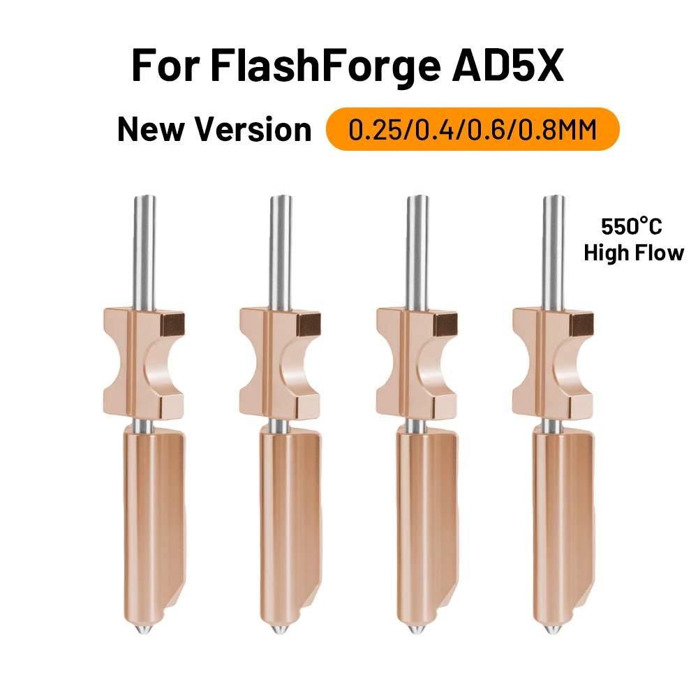 3D Printer Replacement Parts Hardened Steel Nozzle for Flashforge AD5X, Wear Resistant Bimetal Hotend 0.25/0.4/0.6/0.8mm,