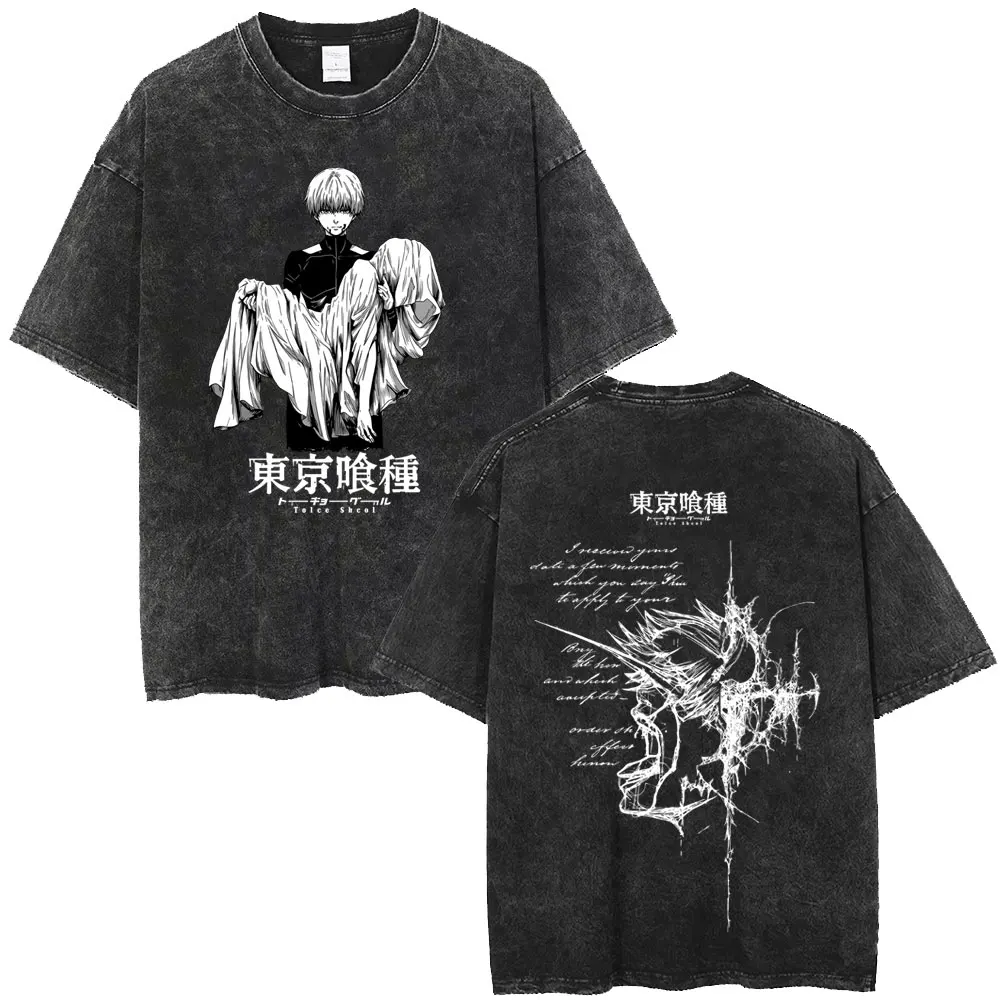 Anime Tokyo Ghoul Spider Lily Vintage Washed T-shirt Cartoon Kaneki Ken Graphic T Shirt Men Women Manga Retro Oversized T-shirts