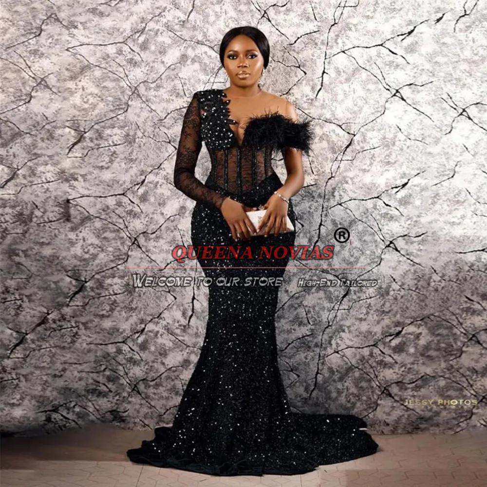 Sparkly Sequin Mermaid Prom Dresses Black Sequin Appliques Beading One Shoulder Formal Evening Party Gowns Female Clothing 2024