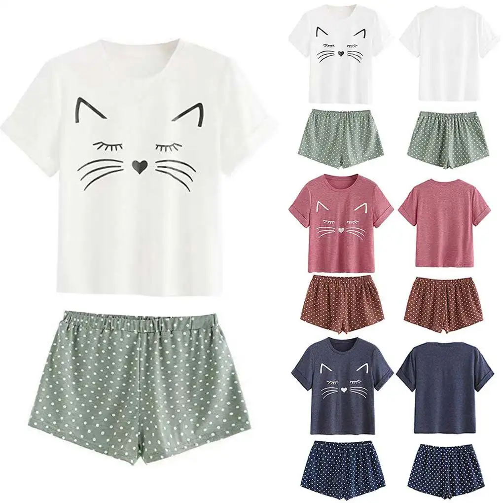 طقم ملابس نوم كاجوال للسيدات، بيجامة بأكمام قصيرة، شورت علوي كارتوني