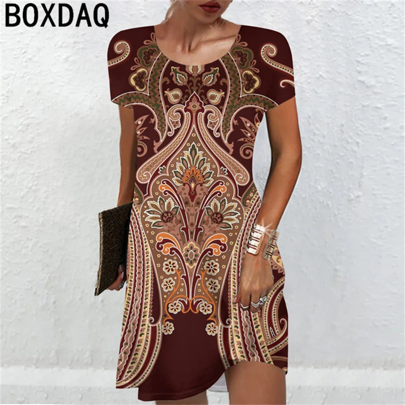 

Women Summer Short Sleeve O-Neck Casual Dress Elegant Ethnic Style Printed Mini Dress 2024 New Big Size Female Beach Dresses