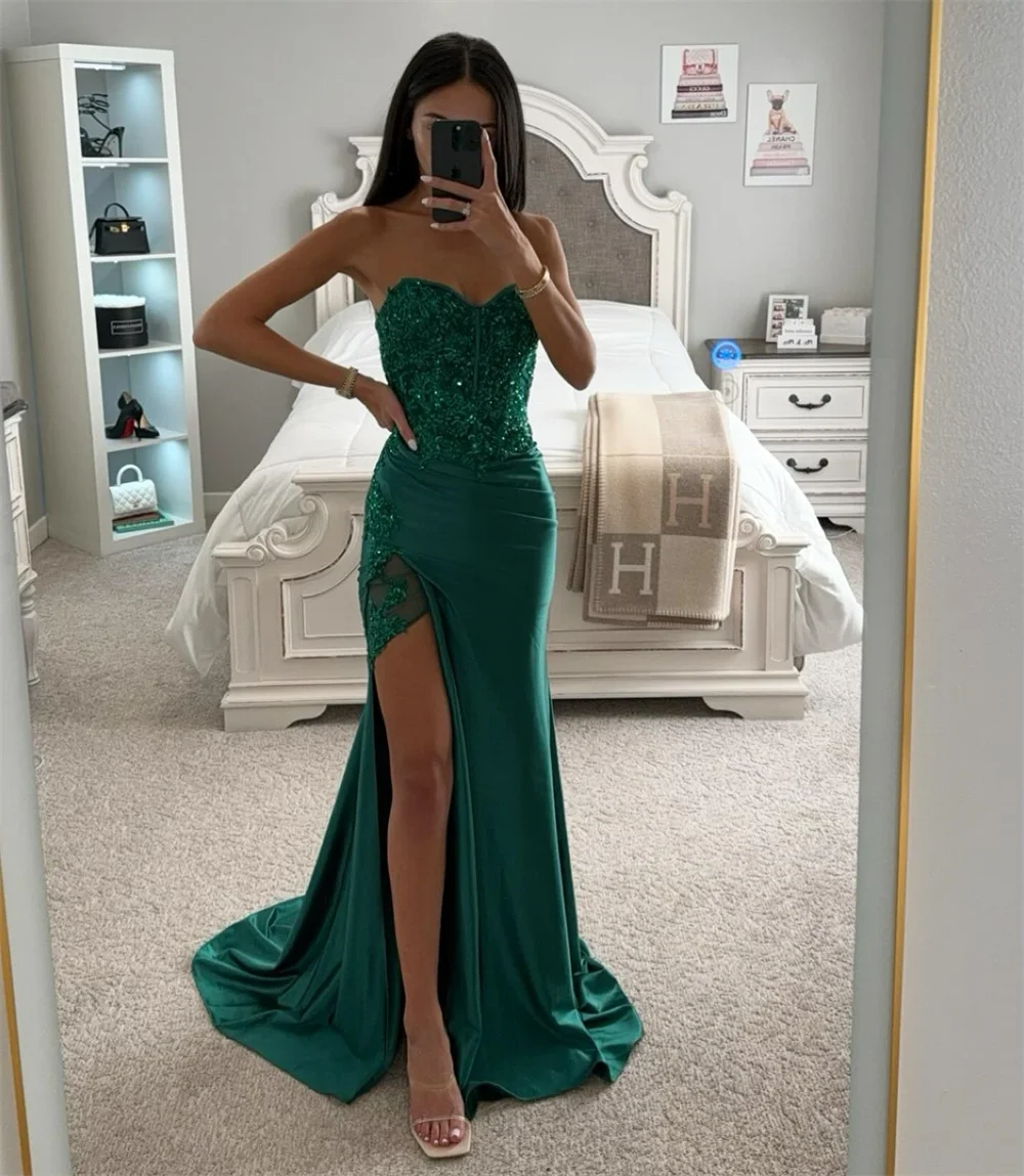 Sansa Green Beaded Glitter Prom Dress Elegant Sleeveless Mermaid SatinVestidos De Noche Sexy Side Split Graduation Ball Dress