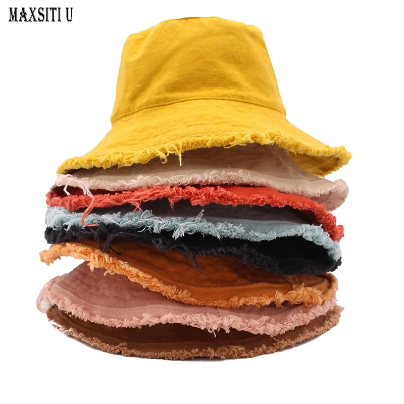 MAXSITIU Cotton Fringed Fisherman Cap Soft Aluminum Wire Shape Water Wash Bucket Hat Women\'s Four Seasons Solid Outing Basin Hat