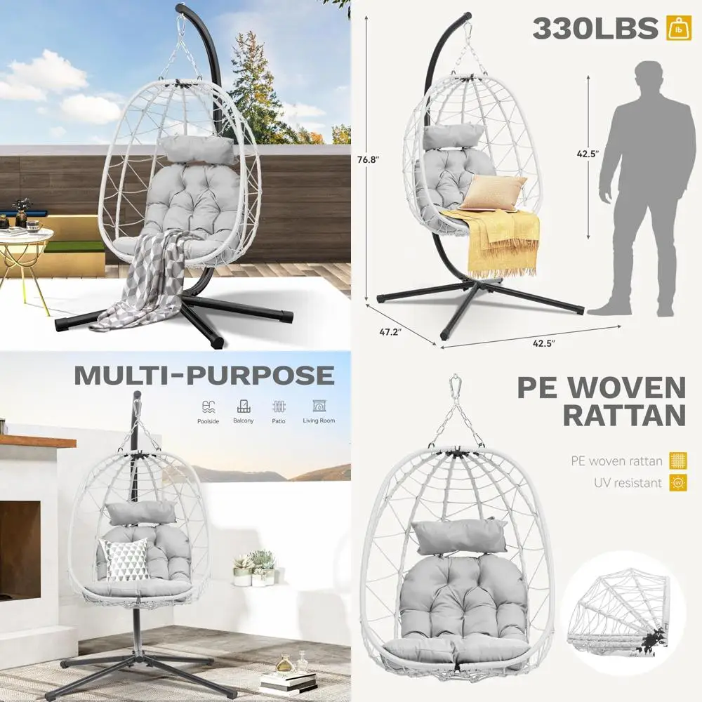 

Wicker Egg Swing Chair with Stand and Cushions, Supports up to 330lbs, Ideal for Outdoor and Indoor Use