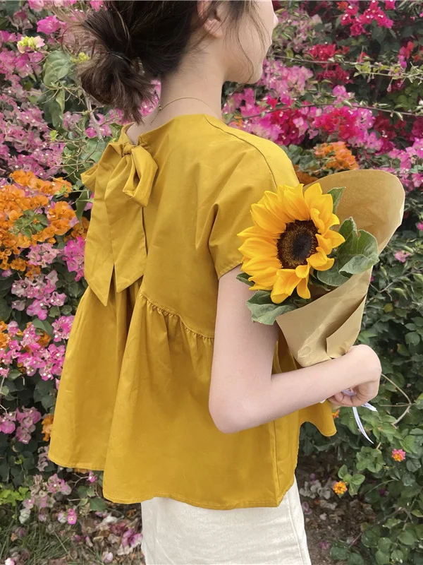 

Sweet Cute Yellow round Neck Short Sleeve Shirt Women's Summer Thin Material Knot Puffy Top Anti-Aging Commute Style