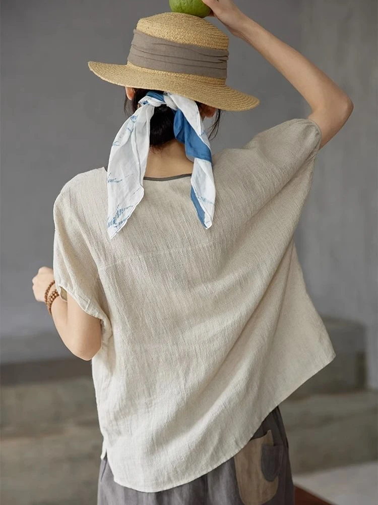 Cotton Linen T-shirts Women Solid Lace-up Loose Japanese Style Leisure Breathable Harajuku Temperament Minimalist Vintage 3XL image 3