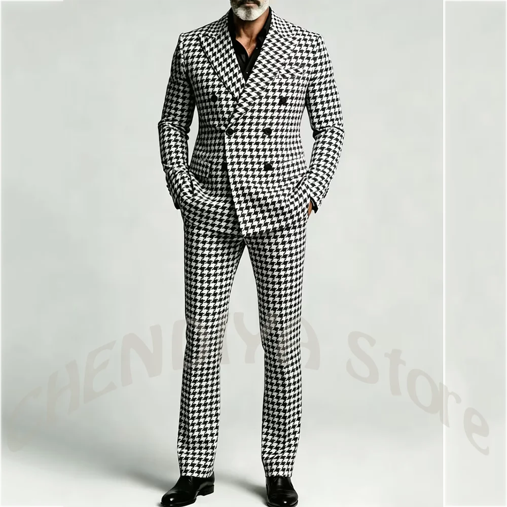 

Black and White Houndstooth Men's Suit Double Breasted Peak Lapel Blazer Slim Fit Casual Business Prom Formal Party Suit Attire