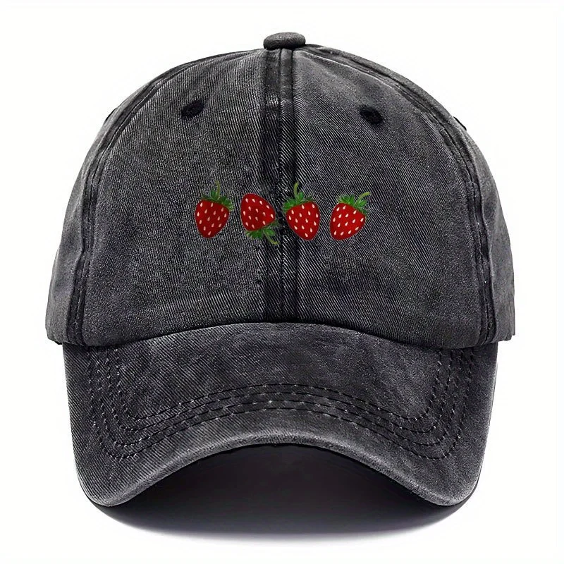 

2026 new Vintage Washed Black Baseball Cap Cute Strawberry Print Adjustable Dad Hat Unisex Casual Streetwear