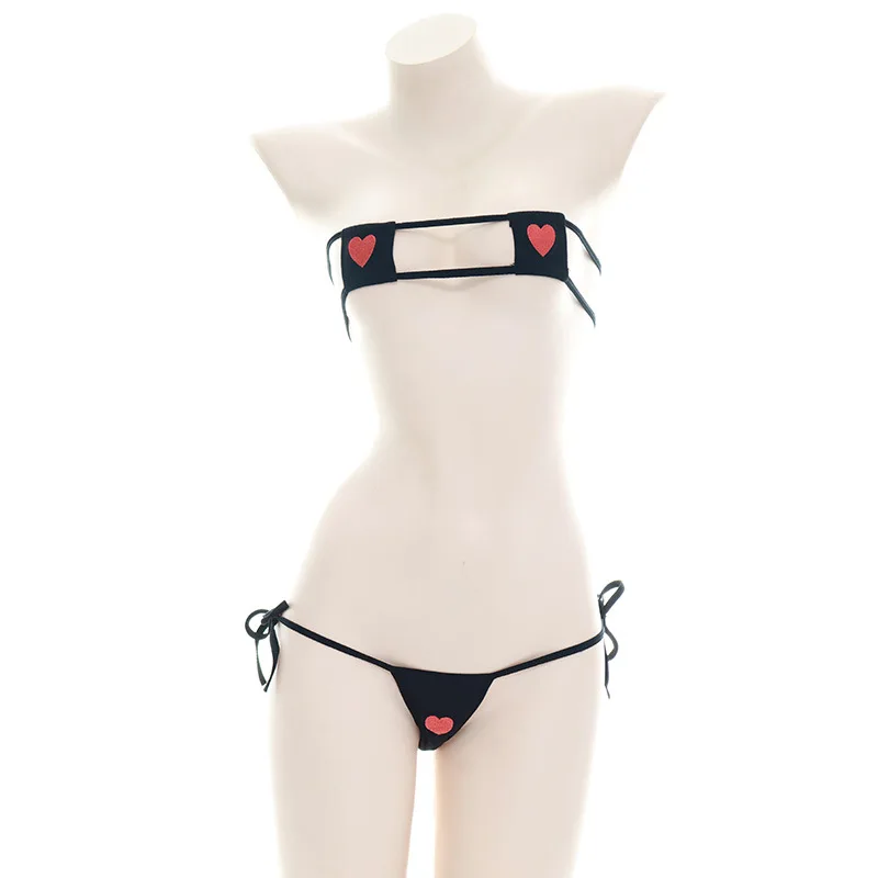 Lencería Sexy japonesa Lolita Kawaii, corazones blancos y negros, Mini Bikini para adultos, disfraces eróticos, sujetador, conjuntos de ropa