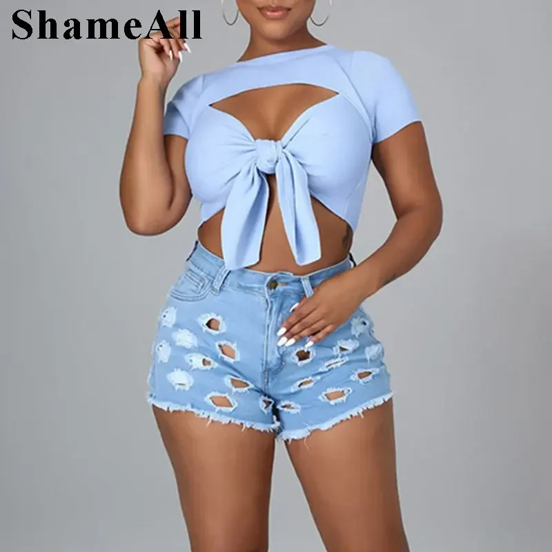 

Sexy Hollow Ripped Torn Holes Hotpants Street High Waist Stretchy Short Mujer Femme Jeans Distressed Tight Grunge Denim Shorts