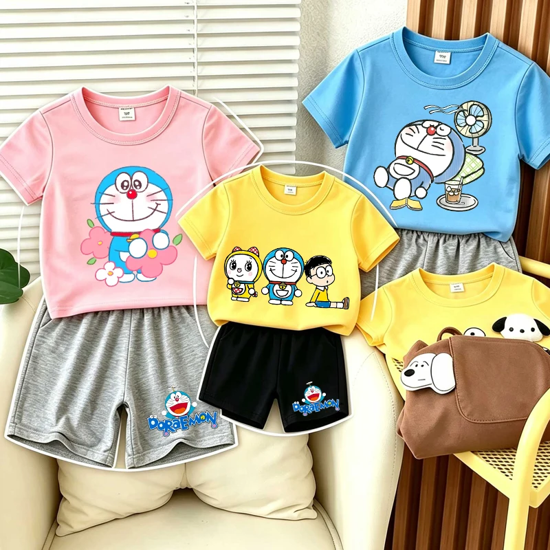 

Doraemons Children T Shirt Set Anime Character Printed Short Two Piece Suit Boys Girls Cartoon Summer Casual Clothing Kids Gifts