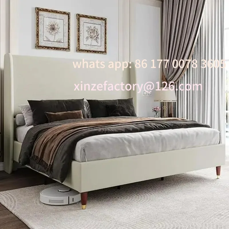 

Customizable queen size upholstered platform bed with wingback headboard - no box spring needed, easy assembly, brown