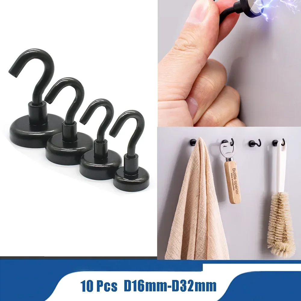 

10 Pcs D16mm D20mm D25mm D32mm Heavy Duty Black Magnetic Hooks Black Grill Magnet Hooks Strong Magnetic Hooks For Kitchen