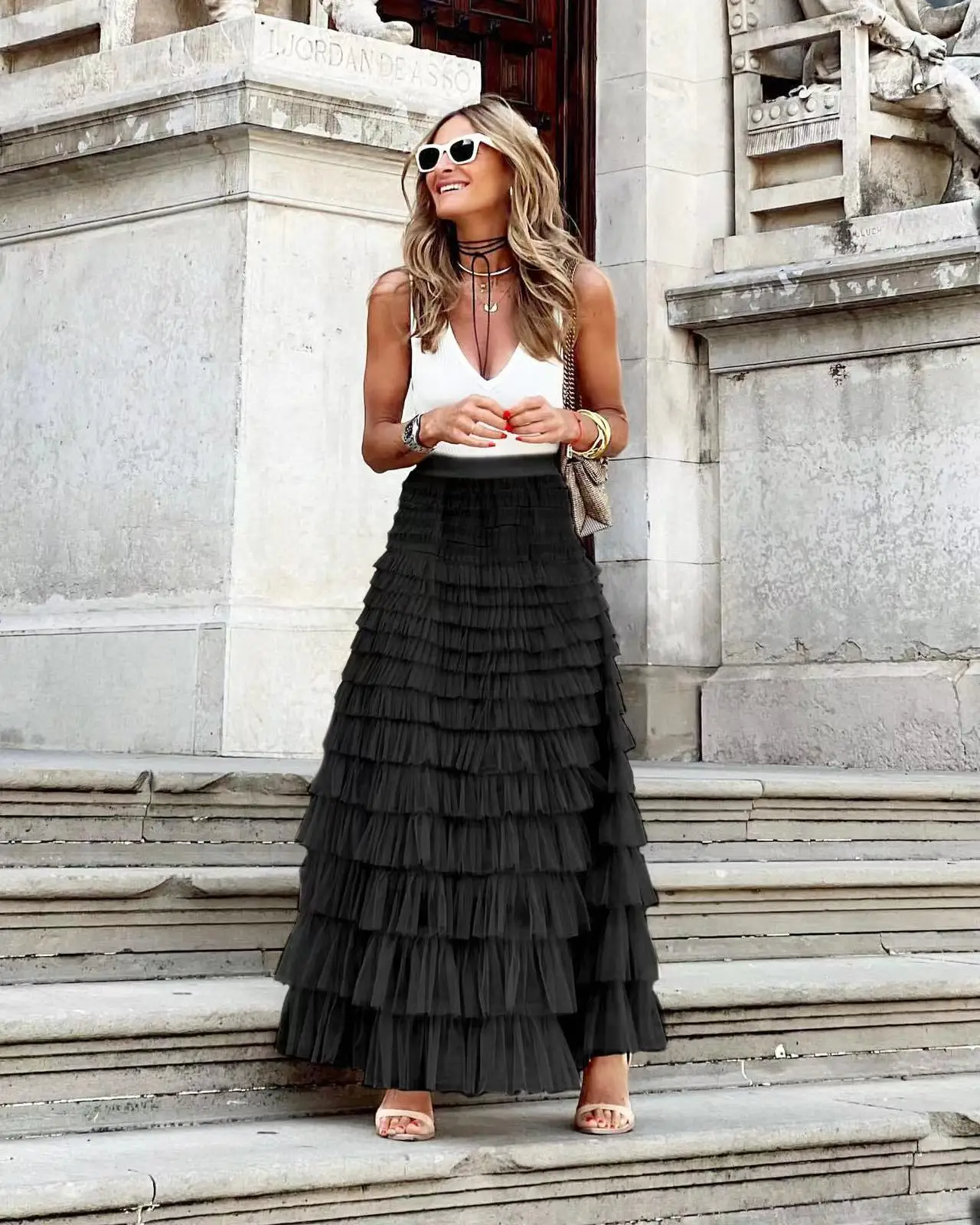 2024 Nieuwe Casual Dames Solid Baljurk Lange Rok Tule Hoge Taille Geplooide Elegante Dames Wild Mesh Dating Maxi Rokken Drop