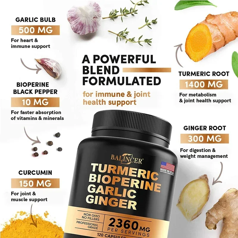 Turmeric - with Bioperine, Garlic, Ginger - 95% Curcuminoids, Good for Pain Relief, Immune, Joint & General Health, Antioxidant