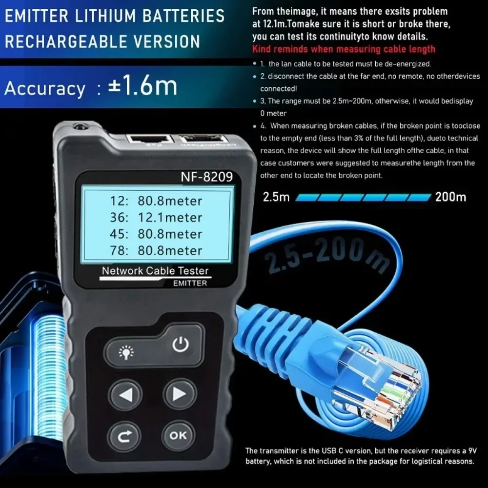 النسخة الإنجليزية NF-8209 RJ45 تستر كابل المقتفي POE شبكة سلك مدقق كابل اختبار أداة الشبكة مسح كابل Wiremap Ut