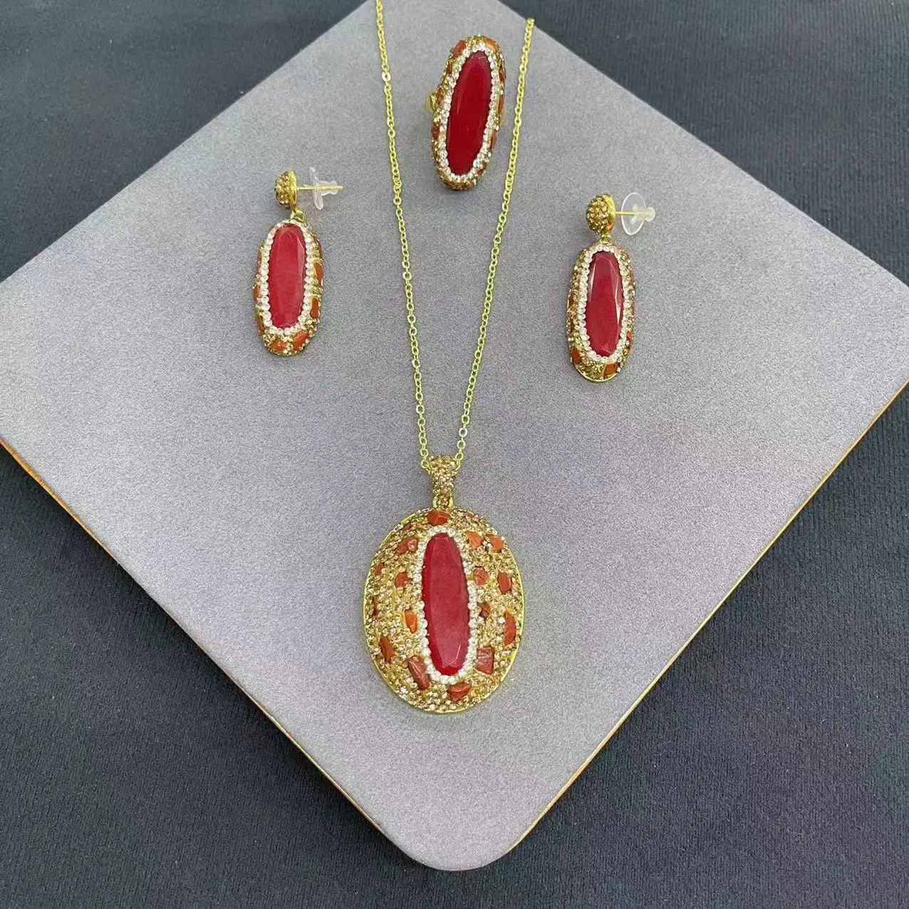 DIY accessories Natural gemstone Malay jade tourmaline rough stone jewelry set retro fashion light luxury jewelry cross-border w