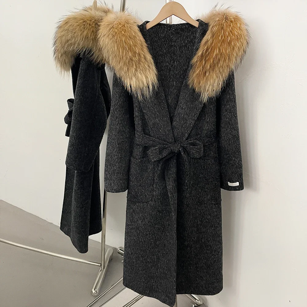 OFTBUY Luxuriöse Wolljacke mit Echtfellkragen und Kapuze, 100% Wollmantel für Damen, Neue Herbst-Winter-Lange Kleidung mit Natürlichem Fell – Detail 5