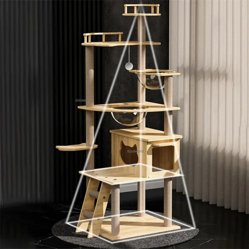 

Cat Tower With Bowl Cat Tree Basket Toy Bed Hammock House Cat Condo Outdoor Wooden Pet Accessories Tunnel Home Climbing Frame