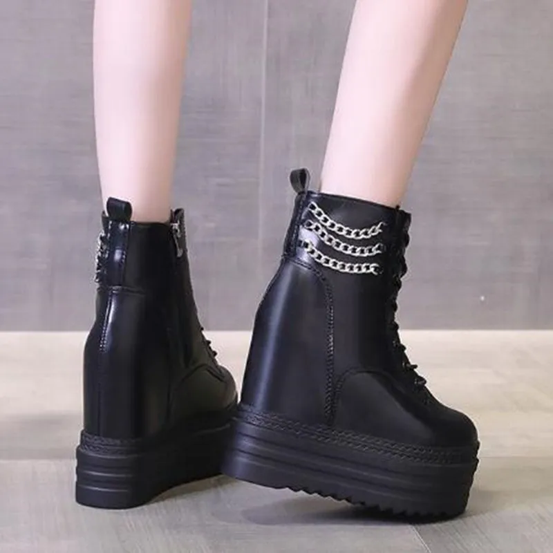 جديد النساء حذاء من الجلد الجلود سميكة وحيد دراجة نارية الأحذية الإناث الخريف الربيع سلسلة 12 سنتيمتر أحذية منصة عالية امرأة بوتاس Mujer