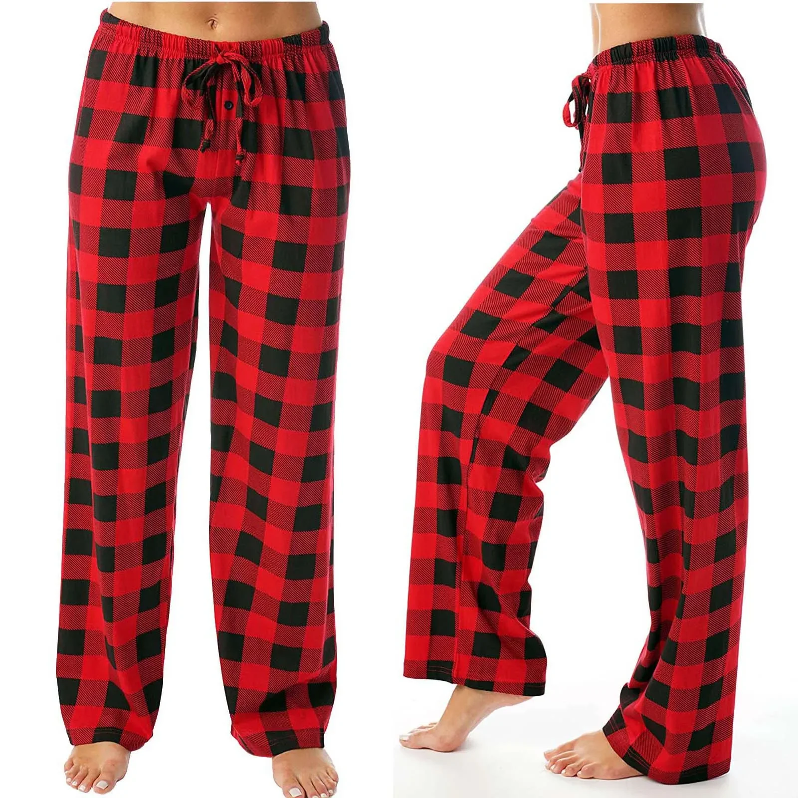 

New Red Black Plaid Pajama Pants Women Lounging Relaxed House Sleep Bottoms Womens Cotton Drawstring Button Fly Sleepwear