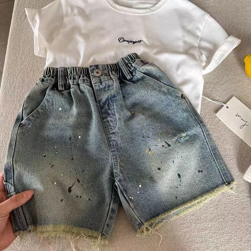 children's fringed denim shorts summer boys and girls' five quarter pants baby's stylish ripped casual pants
