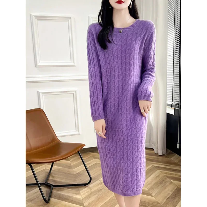 

Women's Temperament Elegant Soft Wool Knitted Dresses Autumn Winter Fashion Vintage Loose Warm O-neck Dress