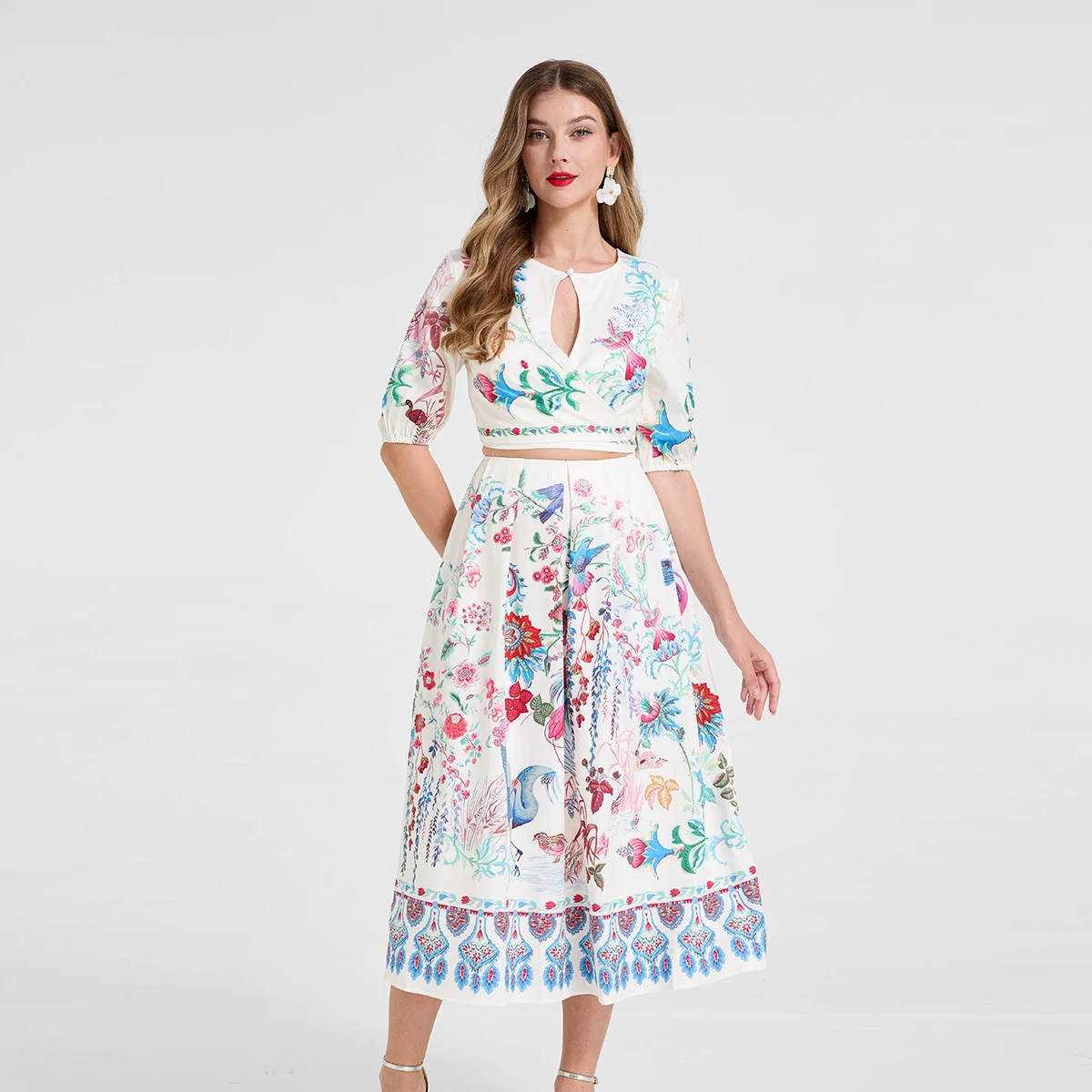 Set gonna a due pezzi da donna con decorazione stampata retrò estiva Set girocollo con maniche a tre quarti + set gonna longuette svasata a vita alta
